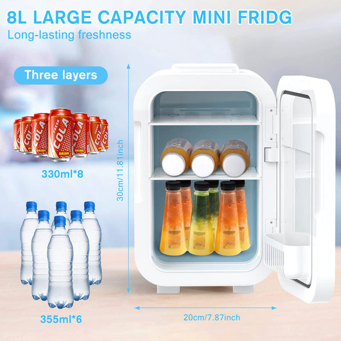 Mini Fridge 8 Liters Portable Beauty Skin Care Fridge with LED Mirror Thermoelectric Cooler and Heater,Suitable for Bedroom Room Car