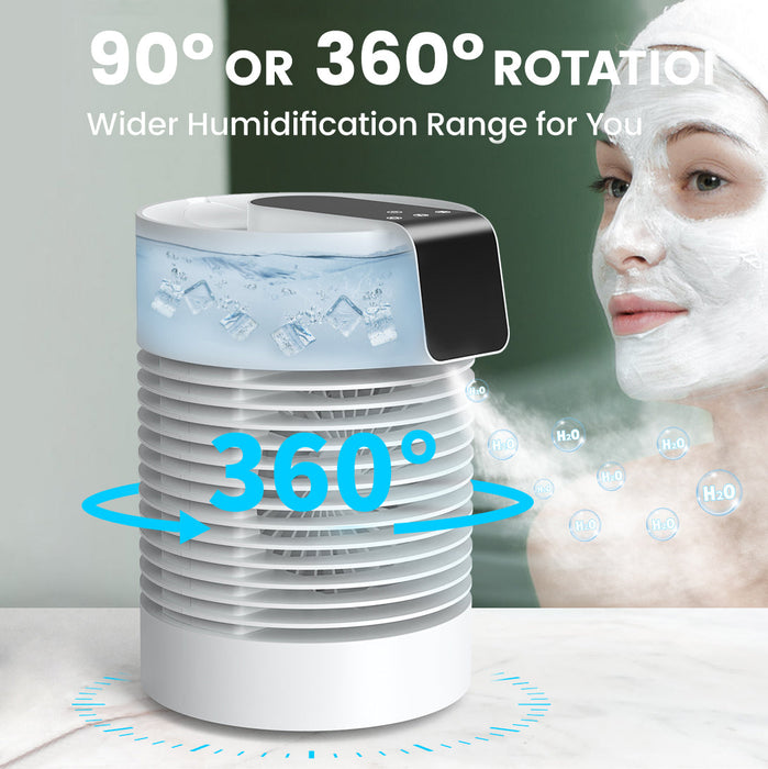 Small Air Cooler and Humidifier 360°Auto Oscillation, 9'' Table Fan Personal Air Conditioner Fan for Bedroom, RV, Outdoor & Camping