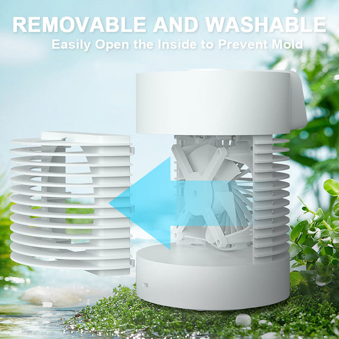Small Air Cooler and Humidifier 360°Auto Oscillation, 9'' Table Fan Personal Air Conditioner Fan for Bedroom, RV, Outdoor & Camping
